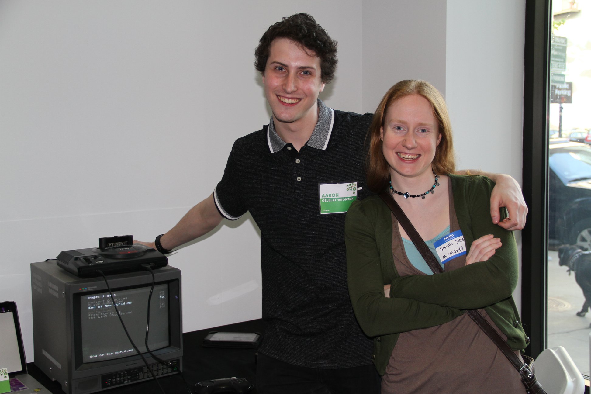 Photograph of student and Microsoft's Sarah Sexton at IAM's Industry Night (Columbia College Chicago)